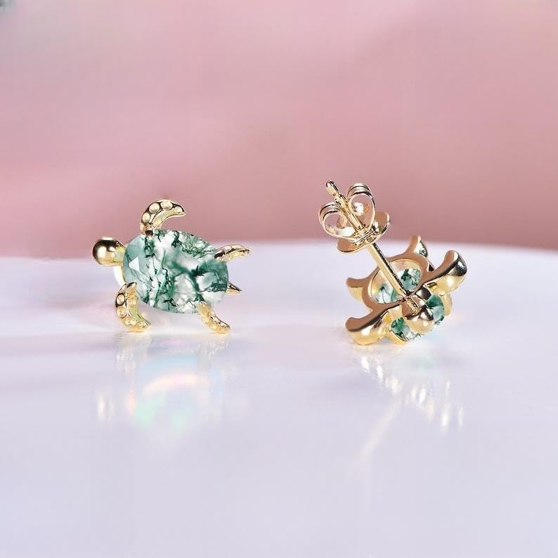 Natural Moss Agate Oval Earrings, Moss Agate Earring Studs, Animal Turtle Earrings, Moss Agate Jewelry, Best Friend Gifts, Women Earrings