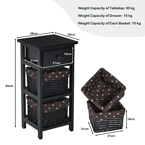 GIANTEX Nachttisch Nachtschrank, Nachtkommode mit Schublade & 2 Körben, Korbkommode Antik, Nachtkonsole Korbregal Massivholz, Beistellschrank Beistelltisch für Schlafzimmer (Schwarz)