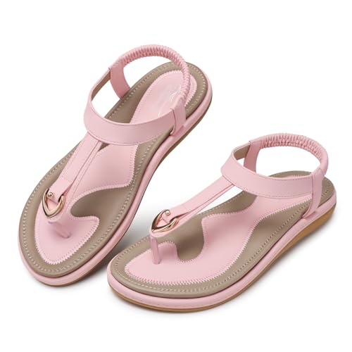 Image of SHIBEVER Womens Sandals Summer Flat: Dressy Casual T-Strap Flip Flop Thong Flats Sandals - Comfortable Walking