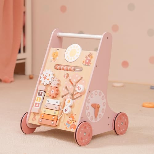 ROBUD Lauflernwagen Holz,Baby Lauflernhilfe,Baby Walker,kognitive Entwicklung, Rosa