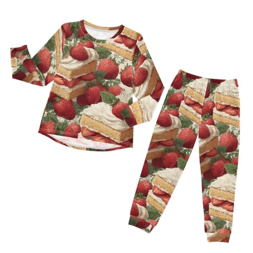 Sweet Strawberry Cake Pattern Soft Pajama Set for All Seasons,Breathable Pjs Long Sleeve Sleepwear,Comfy Loungewear 2 Piece Underwear Set 6T
