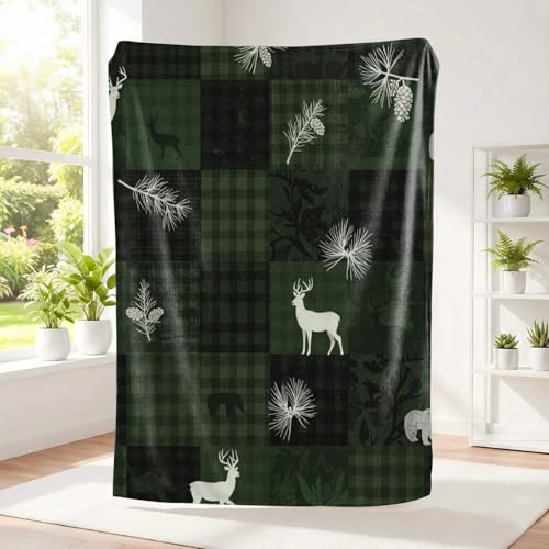 Forest Animal Silhouette Flannel Blanket, Earth Tone Geometric Deer Bear