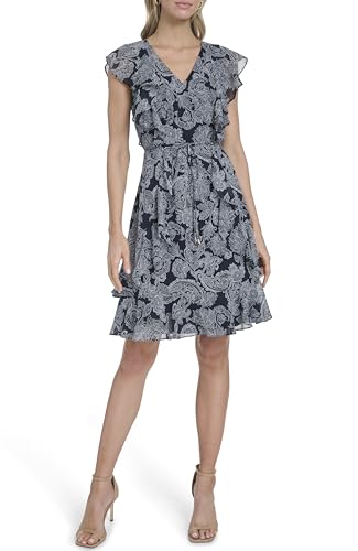 Image of Tommy Hilfiger Women's Sleeveless V-Neck Ruffle Trim Tie Waist Chiffon Mini Dress