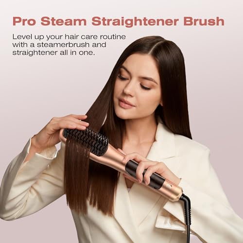 Image of Steam Hair Straightener Brush, Steamline Pro 3 in 1 Straightening Brush, Curly & Frizzy Hair,Smooth Without Flattening, 5 Temp Settings & LED Display, Dual Voltage, Professional Tools, Elegant Orange
