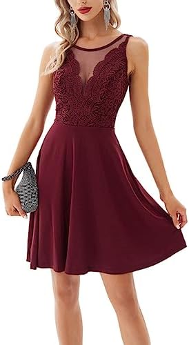 GRACE KARIN Women Vintage Mesh Crew Neck Lace Patchwork High Waist A-Line Cocktail Party Dress XXL Wine Red