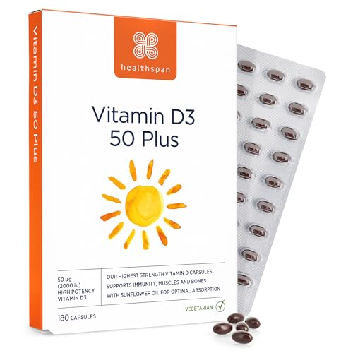 Healthspan Vitamin D3 50 Plus (180 Capsules) | Ideal for Anyone Over 50 | Super Strength | Immune Health | Bone, Teeth & Muscle Health | Contains 2,000iu of Natural Vitamin D3 Per Tablet | Vegetarian