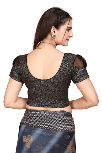 Image of SFT Women's Organza Patch Readymade Saree Blouse with Round Neck Half Sleeves Abstract Pattern Pull On Closure Regular Fit and Standard Length