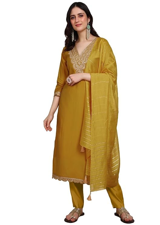 Image of Women's Viscose Rayon Embroidered Kurta Pant Set with Dupatta