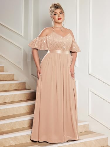 MISSMAY Women's Plus Size Sequins Lace Off Shoulder Short Sleeves Slit Formal Wedding Guest Chiffon Long Dress3