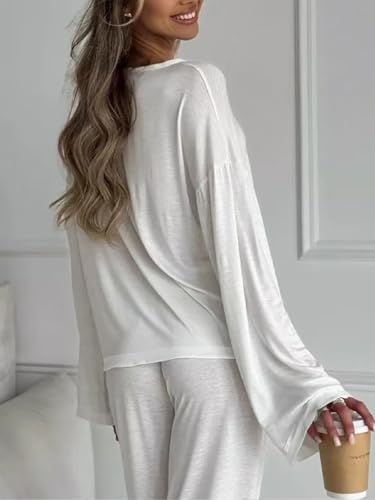 2 Piece Pajama for Women Long Sleeve Button Down Top and Wide Leg Pants with Printed Design Matching Sets Nightwear2