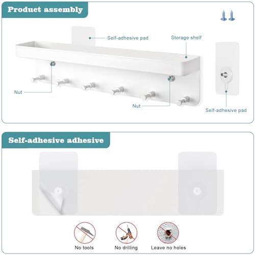 BINYI Colgador de Llaves para Pared Cuelga Llaves Pared Percheros Pared con Estante y 6 Ganchos Key Holder Wall Cuelgallaves Casa Llavero Pared para Entrada Salón Cocina Pasillo Oficina (Blanco) - imagen 6