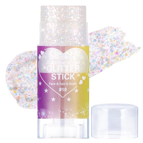 Prreal Body Glitter, Mermaid Sequins Face Glitter Stick, Chunky Holographic Hair Glitters, Lips Nails Festival Rave Halloween Makeup, #10 Carnival White
