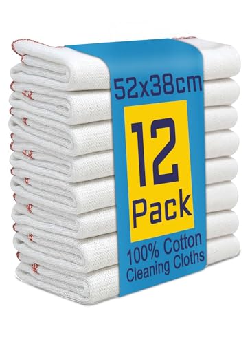 Symphony Jumbo Dish Cloths for Washing Up 12 Pack, Kitchen Cleaning Cloth, Tea Towels for Kitchen, Extra Large Dish Cloths for Washing Up, Highly Absorbent White (52X38Cm)