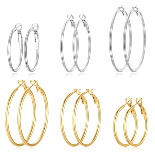 Silver Gold Two Tone Big Hoop Earrings for Women | 14K Real Gold Plated Hypoallergenic Large Womens Golden Hoops Earrings Set for Women 3 Sizes (30/40/50mm)