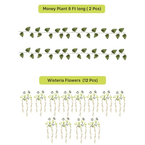 Image of Party Propz Ivory Wisteria Artificial Flowers for Decoration - 12Pcs (3.6ft), Money Plant Artificial Leaves- 2Pcs(8ft), Haldi Decoration Items for Home Decor, Flowers for Decorations Backdrop