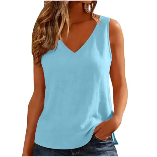 Aniywn Wide Strap Tank Tops for Women Athletic Cotton Linen V Neck Summer Beach Tops Casual Sleeveless Blouses Basic Shirt Sky Blue