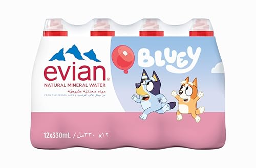 Evian Natural Mineral Water Bluey Limited Edition 330ml (Pack of 12) - Kids Fun Size Bottled Water Naturally Filtered French Alps Water Ideal for School Lunchboxes and Parties