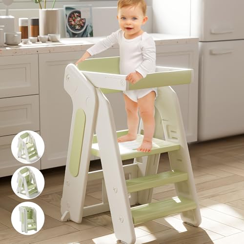 Toddler Tower Kitchen Stool HelperFoldableAdjustable Height Kids StandingTower Stool WCPC Certificationfor Kitchen Counter Bathroom Sink Cooking Child Ladder for Toddlers WSafty RailGreen White