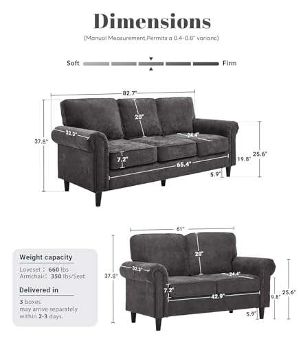 Image of Kingfun Loveseat 2 & 3 Seater Couch with Chair, Mid Century Modern Chenille Sofa Set with Rolled Arms and Deep Seats, Fluffy Comfort for Living Room, Apartment, Easy Assembly, Grey