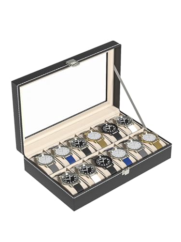 Image of Watch Display Case For Men,Leather Watch Organizer Box,Watch Travel Organizer Tray,Watch Collection Storge Holder For Women (Black Leather, 12 Slots)