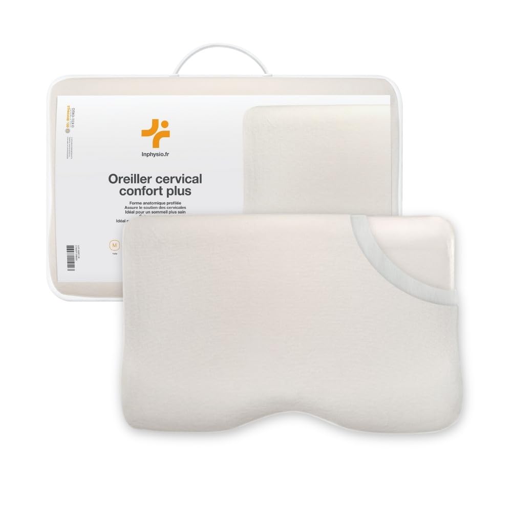 Inphysio® Confort Plus - Oreiller Orthopédique - Oreiller Memoire Forme - Ergonomique Cervical - Anti Acarien - Anti Cervicales Douloureuses - Hypoallergénique - 54 x 33 x 12/​6 cm