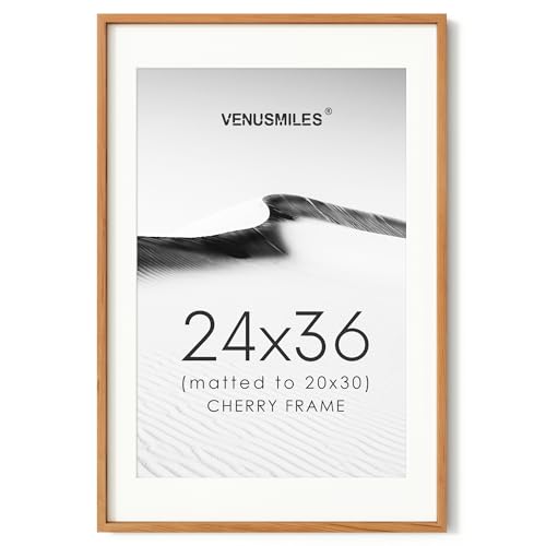 Image of 24x36 Poster Frame, USA-Sourced Natural Cherry Wood Picture Collage Frame with HD Tempered Glass, Modern Simple 24 x 36 Wooden Photo Frame Matted to 20x30, Vertical & Horizontal Wall Hanging Display