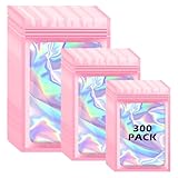 300 Pcs Holographic Mylar Bags, 3 Size Smell Proof Bags with Clear Window Foil Pouch Bags Resealable Bags for Small Business and Food Storage, Pink