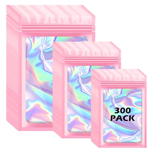 300 Pcs Holographic Mylar Bags, 3 Size Smell Proof Bags with Clear Window Foil Pouch Bags Resealable Bags for Small Business and Food Storage, Pink