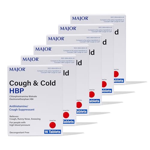MAJOR Cough and Cold HBP Tablets - Antihistamine and Cough Suppressant for People with High Blood Pressure - Dextromethorphan HBr, Chlorpheniramine Maleate - 16 Count (6 Pack)