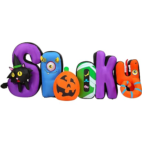 Haunted Hill Farm 9-Ft. Wide 'Spooky' Halloween Inflatable Sign with LED Lights | Festive Holiday Blow-Up Decorations | Blower, Ropes, and Stakes Included | HISPOOKY091-L, Black