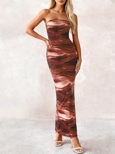 Image of PRETTYGARDEN Women Summer Strapless Maxi Dress Bodycon Floral Sexy Long Wedding Guest Dress Formal Tube Mesh Cocktail Dresses