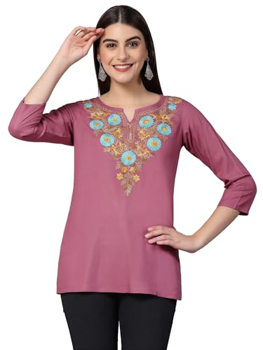 Image of QAZMI Women's Rayon Cotton Straight Keyhole Neck Three-Quarter Sleeves Israa Kashmiri Embriodered Short Kurti
