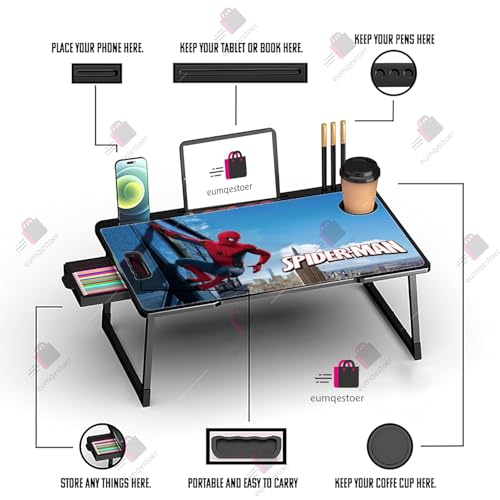 Image of BRINKL Engineered Wood Multipurpose Foldable Laptop Table with Cup Holder | Table Home Study Writing Table, Foldable and Portable /Ergonomic Edges (SPYDERMAN COTED 1)