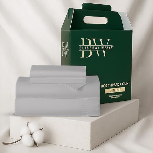 BlissBay Weave 100% Egyptian Cotton Sheet Set 1000 Thread Count King Size 4 PCs Sateen Weave Cooling Soft Wrinkle Resistant Luxury 18 inches Deep Pocket| 1-1 Fitted Flat Sheets 2 Pillowcases |Silver