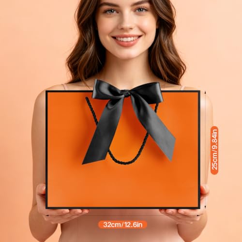 Image of JMANNI Gift Bags with Handles, 13 inch Medium Gift Bag for Presents, 2 Pcs Bags with 4 Tissue Paper and 2 Cards for Graduation Baby Shower Wedding Fathers Day Mother's Day Birthday Party(Orange black)