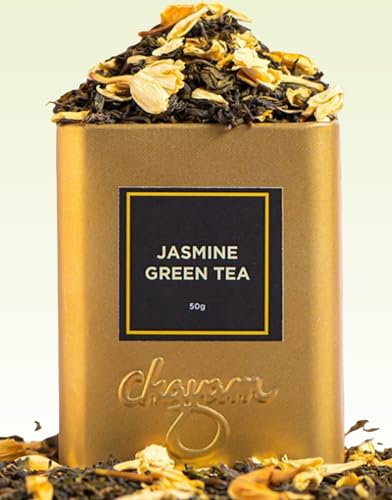 Chayam Jasmine Green Tea | 50g Loose Leaf with Real Jasmine Flowers & Natural Aroma | Antioxidant-Rich Detox Green Tea for Stress Relief & Relaxation | Premium Wellness Tin