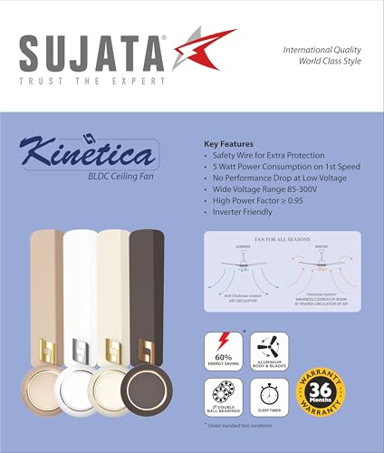 Image of Sujata Kinetica BLDC Ceiling Fan 1200mm | 3 Years Warranty | Ceiling Fan for Living Room & Bedroom, Remote Fans Ceiling Fans 5 Star BEE Rating, Powerful Airflow, Savings Upto 60% (Topaz Gold)