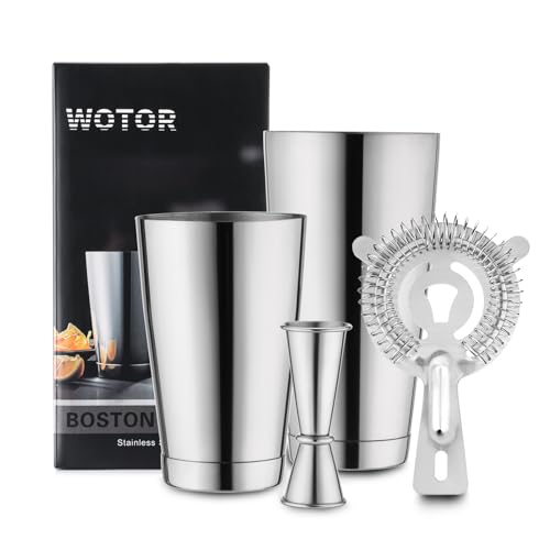 WOTOR Boston Cocktail Shaker Set, 18 oz & 28 oz Edelstahl Shaker Dosen mit Gewicht, Sieb, doppelter Messbecher, professionelles Bar Werkzeug für Barkeeper (Silber)