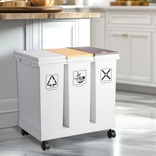 20L x 3 Compartment Trash Can with Wheels, Triple Trash Cans and Recycling Bin with Lid, 16 Gallon Trash Can Detachable & Press-Open Lid Sorting Garbage Cans Kitchen, Kitchen Garbage Can with Wheels