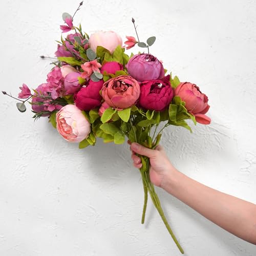 Image of FiveSeasonStuff Mystic Blush Silk Peony & Hydrangea Bouquet with 2 Gold Taper Candle Holders; Vintage-Inspired Artificial Flowers for Weddings & Home Decor