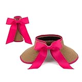 Straw Summer Sun Visor Beach Hat Wide Brim with Bow Adjustable (Pink)