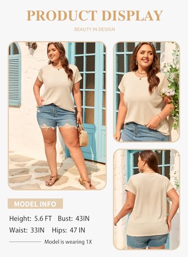 Image of Eytino Plus Size Tops for Women Waffle Knit T-Shirts Round Neck Short Sleeve Casual Loose Basic Tee Blouses(1X-5X)