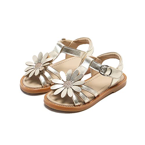 Flaryzone Toddler/Little Girls' Daisy Flower Wedding Dress Summer Flat Sandals (Gold, Toddler-Size 9) #TOP1