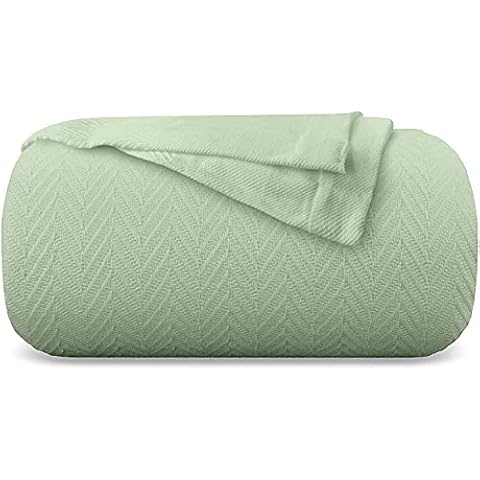 Kotton Culture Knitted Herringbone Pattern Handwoven Blanket 100% Long Staple Cotton - Soft & Cozy Thermal Winter Throw for Bed Couch Chair Outdoors - All Season Cozy Bed Throw (Super King, Sage) Cover