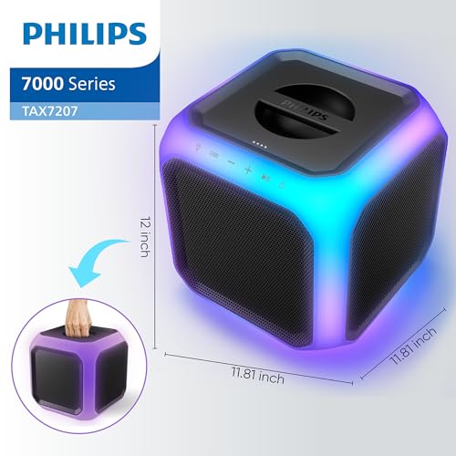 Image of PHILIPS X7207 Bluetooth Party Speaker,160W Wireless Cube Speaker with Powerful Sound and Deep Bass, Supports USB /AUX /TWS, Mic Input and Vibrant 360 Party Lights for an Immersive Experience.