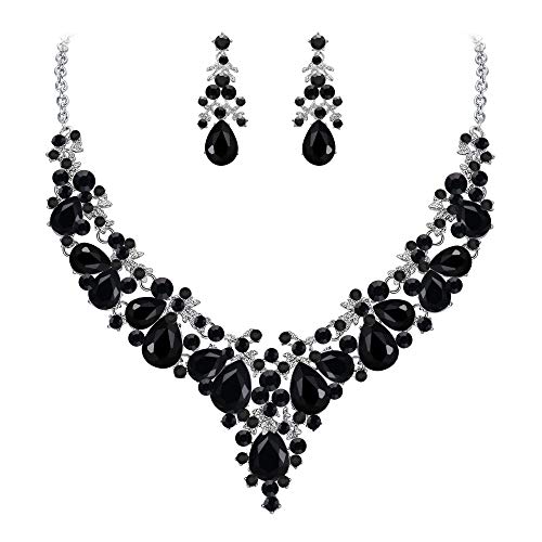 EVER FAITH Women's Crystal Bridal Banquet Floral Cluster Teardrop Necklace Earrings Set Black Silver-Tone