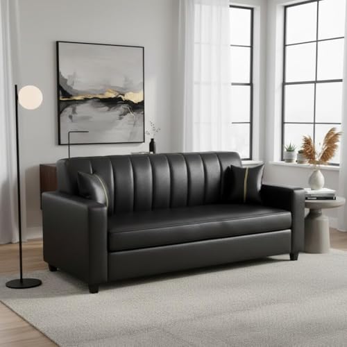 Image of FURNY Cosmos 3 Seater Leatherette Sofa Set (Black Color) Premium Finish | Durable Comfort | Ideal for Living Room
