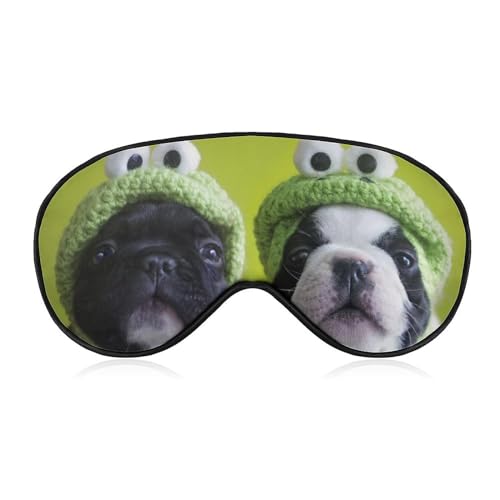 JiuPopular Mascherina per occhi in tessuto liscio, motivo: bulldog francese con cappello a rana, mascherina per dormire con fascia regolabile per uomini e donne