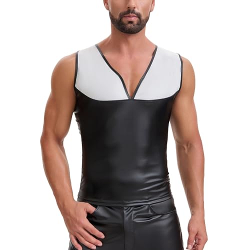 Camiseta de piel mate brillante con corte ajustado y cuello en V para hombre