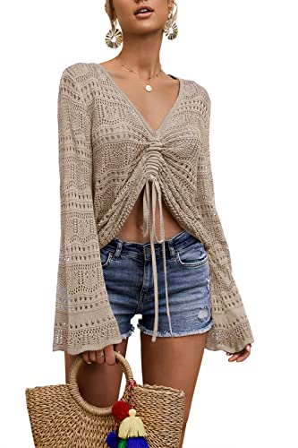 Image of Saodimallsu Womens Boho Off Shoulder Sheer Crop Tops Bell Sleeve Flowy Oversized Crochet Ruched Pullover Sweaters